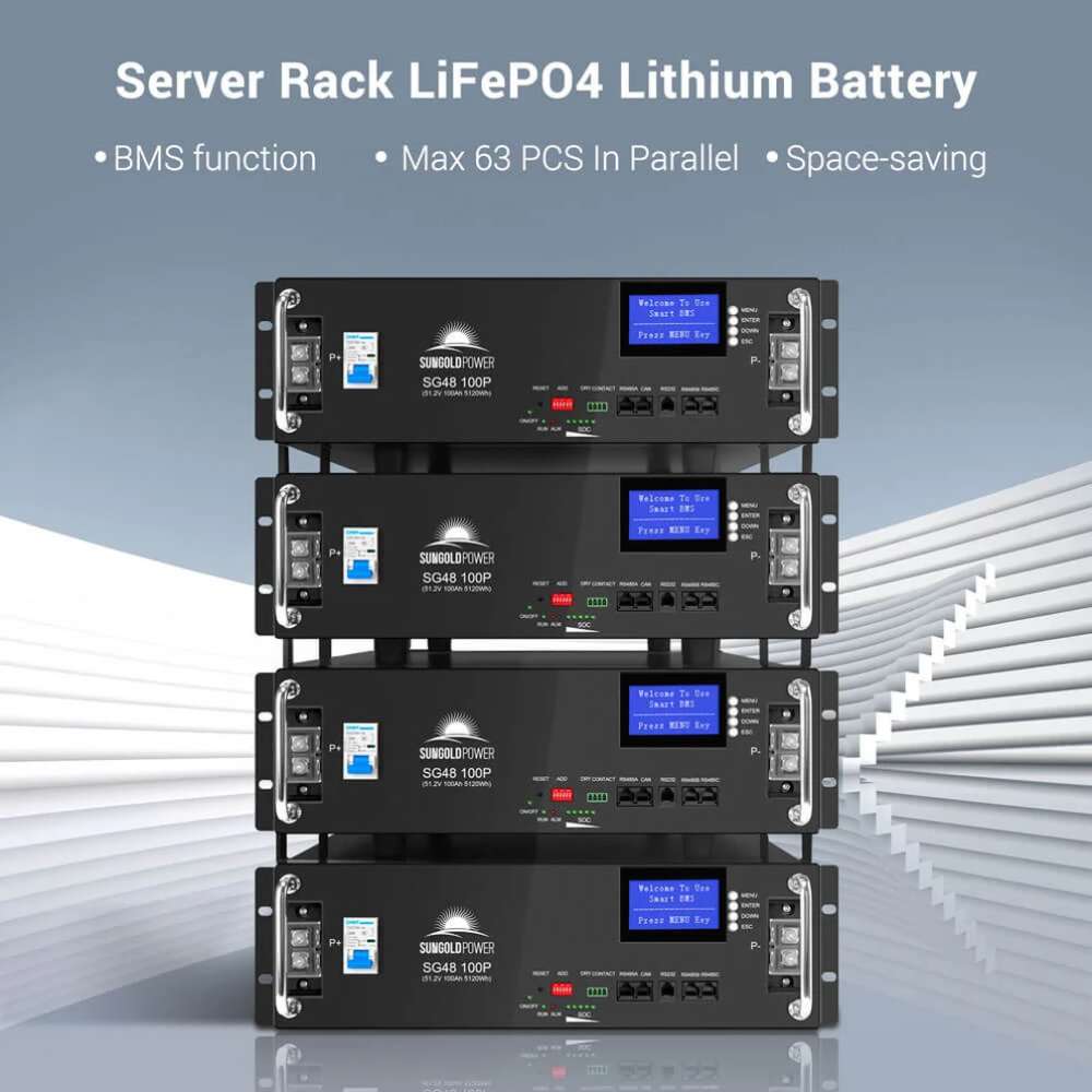 Multiple Sun Gold Power 48V 100Ah Server Rack LiFePO4 Lithium Battery units stacked in a rack to show space-saving design and support for parallel battery expansion