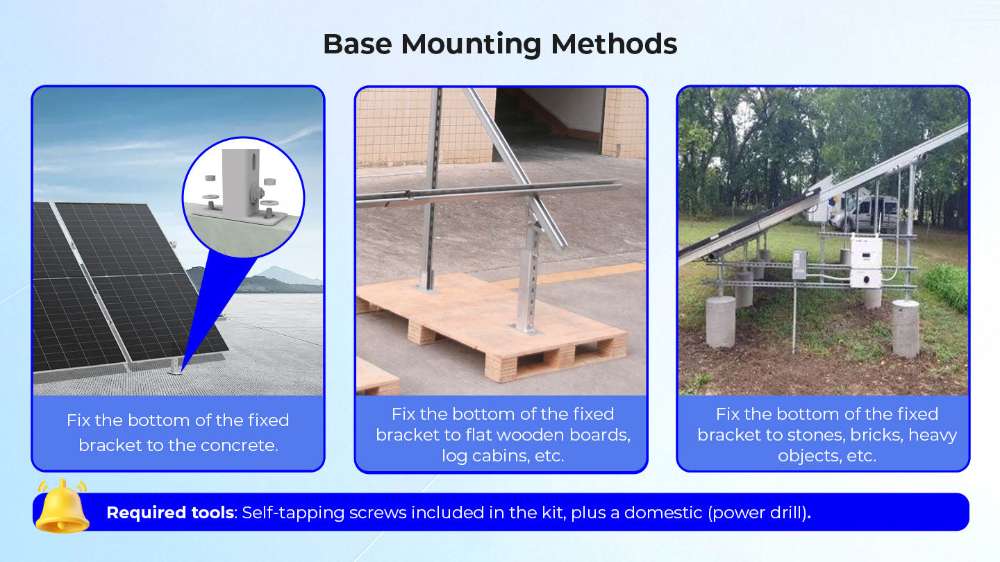 Multiple base mounting options for Sun Gold Power Modular & Expandable Ground Mount Brackets on concrete, wood, or heavy foundations