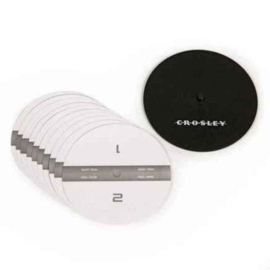 Multiple Crosley Vinyl Record Label Protectors in white and black, highlighting their purpose for safeguarding vinyl labels