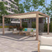 Multiple white Structureworks Solis Trex Pergolas are installed on a rooftop lounge with city views and bar-height seating