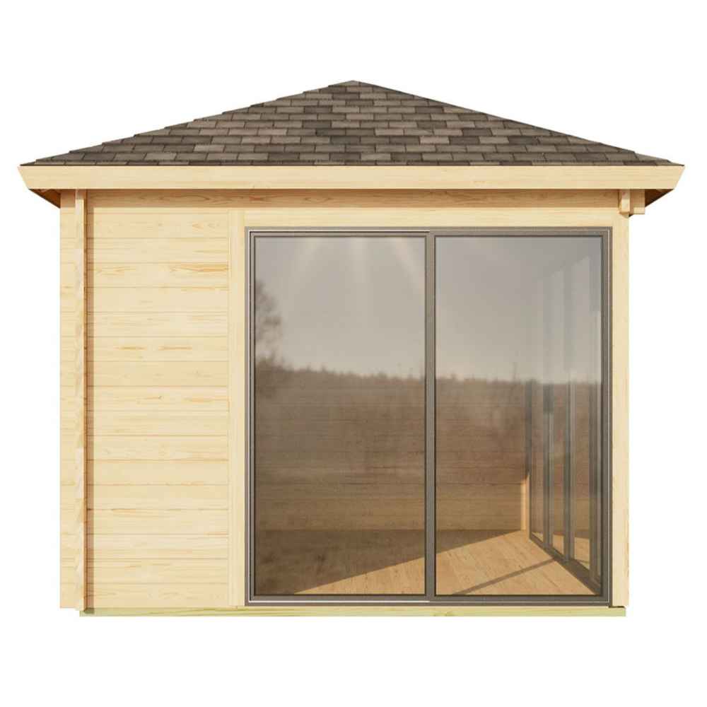 Narrow side of the GardenHouse24 USA Pavilion ALU 44C Garden Room presents a two-panel glass wall allowing natural light to pour into the wooden space
