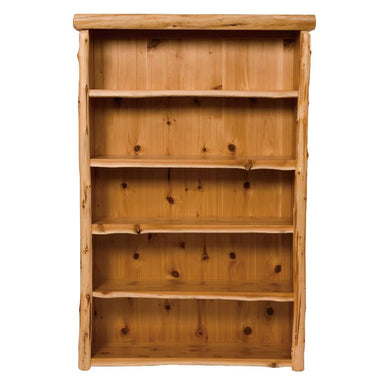 Natural Fireside Lodge Cedar Log Large Bookshelf is a tall rustic bookshelf made from cedar logs with open shelves, visible knots, and a handcrafted cabin-style look
