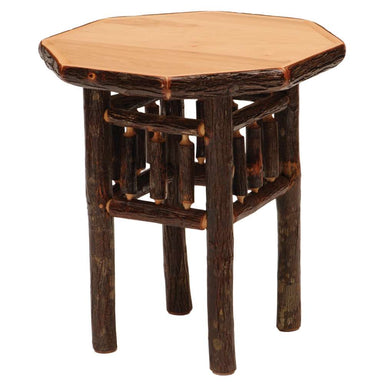 Natural Fireside Lodge Hickory Log Octagon Nightstand displays a log-built nightstand with a smooth octagon top in a light, natural wood tone