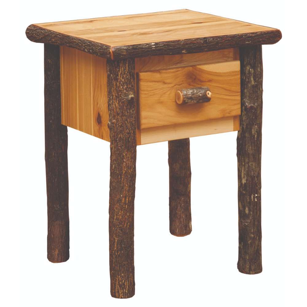 Natural Fireside Lodge Hickory Log One Drawer Nightstand shown with light log legs, a simple top, and one drawer