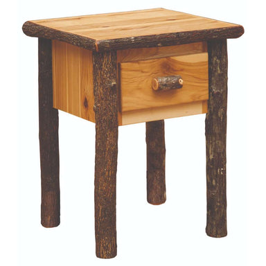 Natural Fireside Lodge Hickory Log One Drawer Nightstand shown with light log legs, a simple top, and one drawer