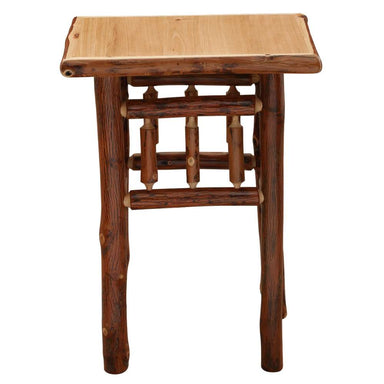 Natural Fireside Lodge Hickory Log Open Nightstand is a light wood nightstand with rounded edges and natural log legs