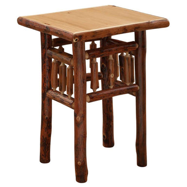 Natural Fireside Lodge Hickory Log Open Nightstand is shown at an angle, highlighting its square top and open log structure