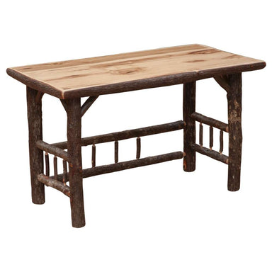 Natural Fireside Lodge Hickory Log Open Writing Desk shown from an angled view with a light natural hickory wood top and rustic log legs