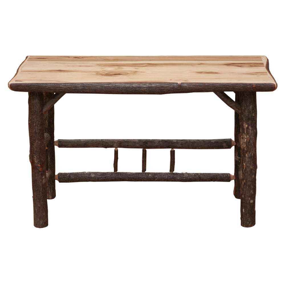 Natural Fireside Lodge Hickory Log Open Writing Desk shown from the front, highlighting the smooth natural wood surface and sturdy log frame