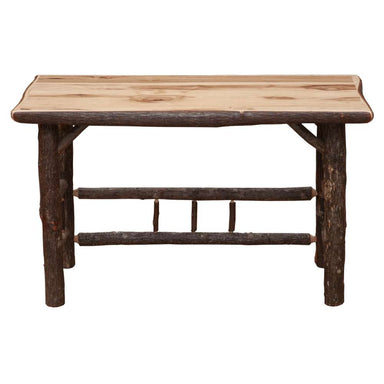 Natural Fireside Lodge Hickory Log Open Writing Desk shown from the front, highlighting the smooth natural wood surface and sturdy log frame