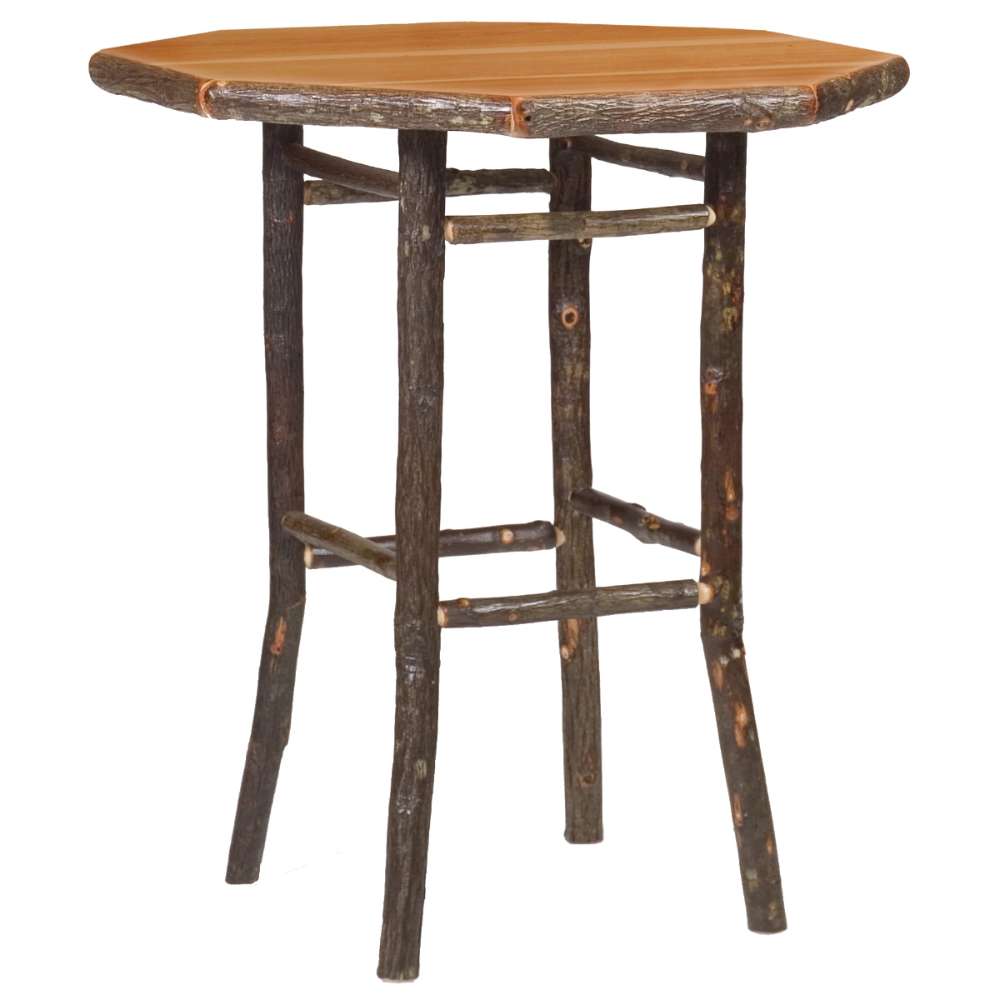 Natural Fireside Lodge Hickory Log Round Pub Table - 40 Inch displays a light golden wood top with a bark edge and handcrafted log legs for a rustic look