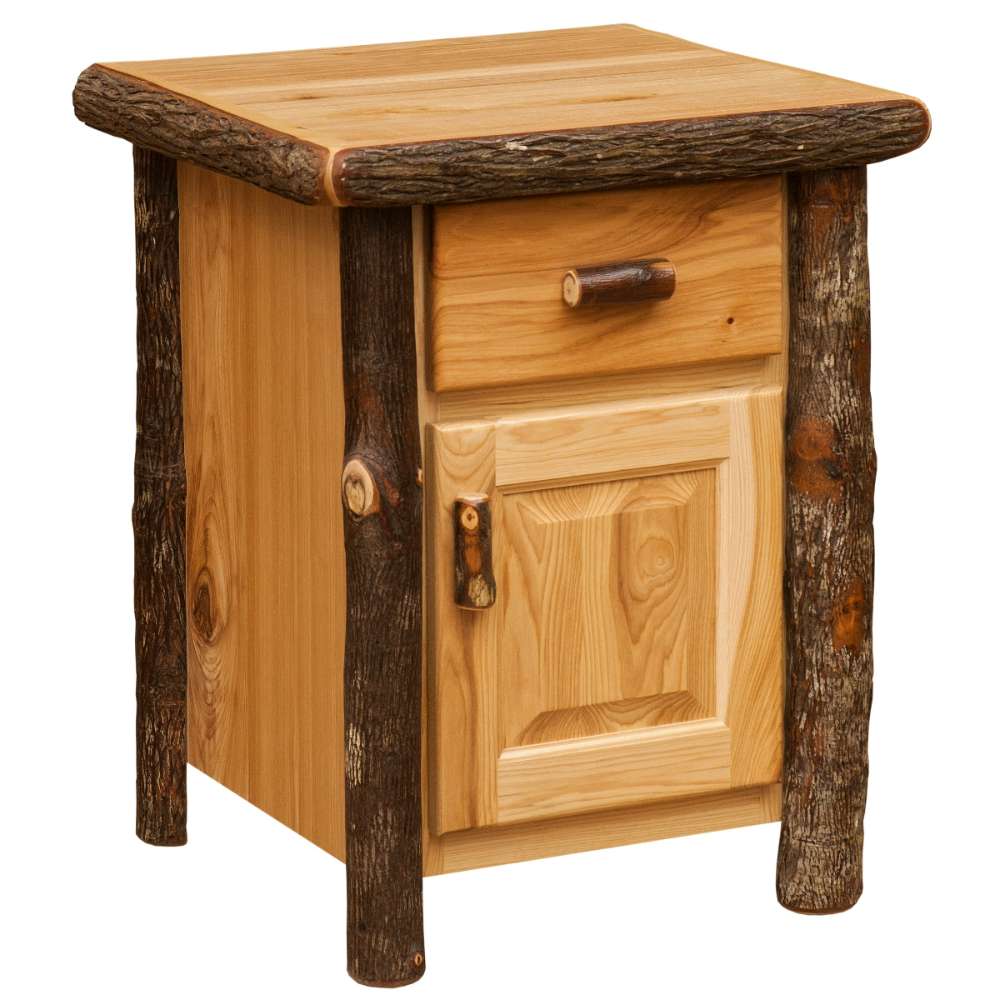 Natural Fireside Lodge Log Enclosed Nightstand in a light finish with a bark-edged top, drawer, and cabinet door
