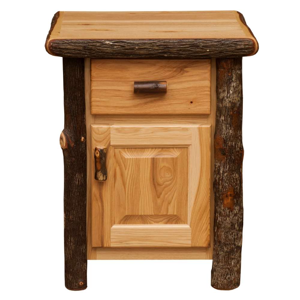 Natural Fireside Lodge Log Enclosed Nightstand shown from the front with a drawer above a cabinet door