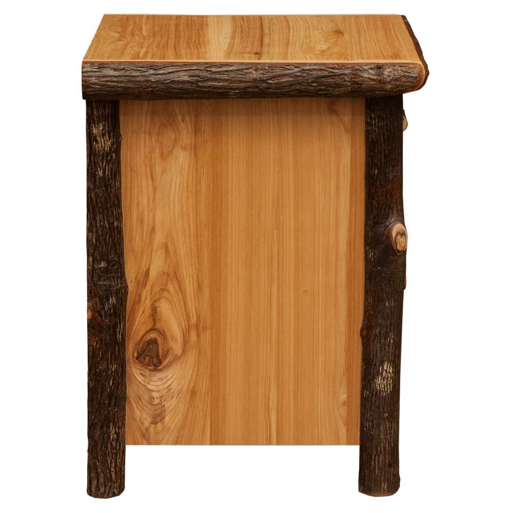 Natural Fireside Lodge Log Enclosed Nightstand shown from the side with a smooth wood panel and log frame