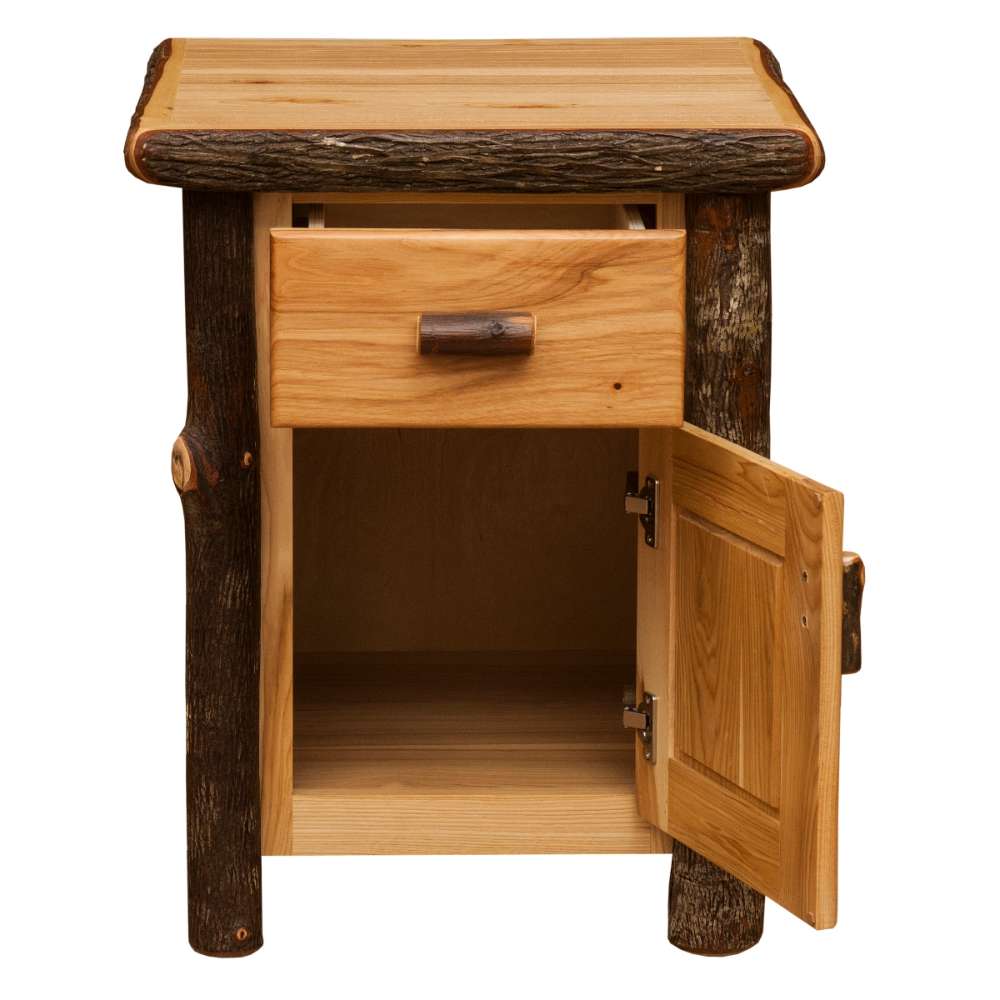 Natural Fireside Lodge Log Enclosed Nightstand shown open with an empty cabinet space and pulled-out drawer