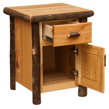 Natural Fireside Lodge Log Enclosed Nightstand with the drawer and cabinet door open, showing inside storage space