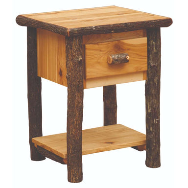Natural Fireside Lodge Log One Drawer Nightstand with Shelf is shown in a light wood finish with visible grain, log legs, one drawer, and a shelf