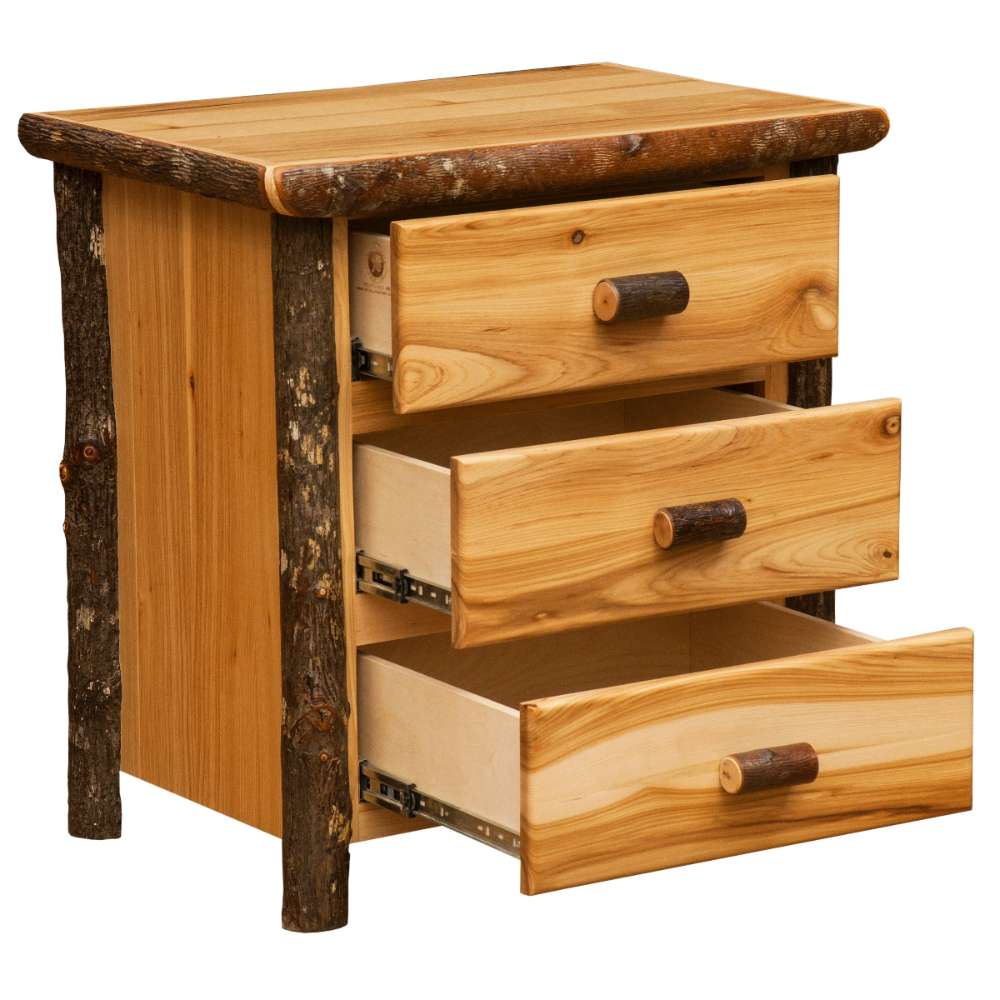Natural Fireside Lodge Log XL Three Drawer Nightstand is a light wood nightstand with three drawers and rounded log-style drawer pulls