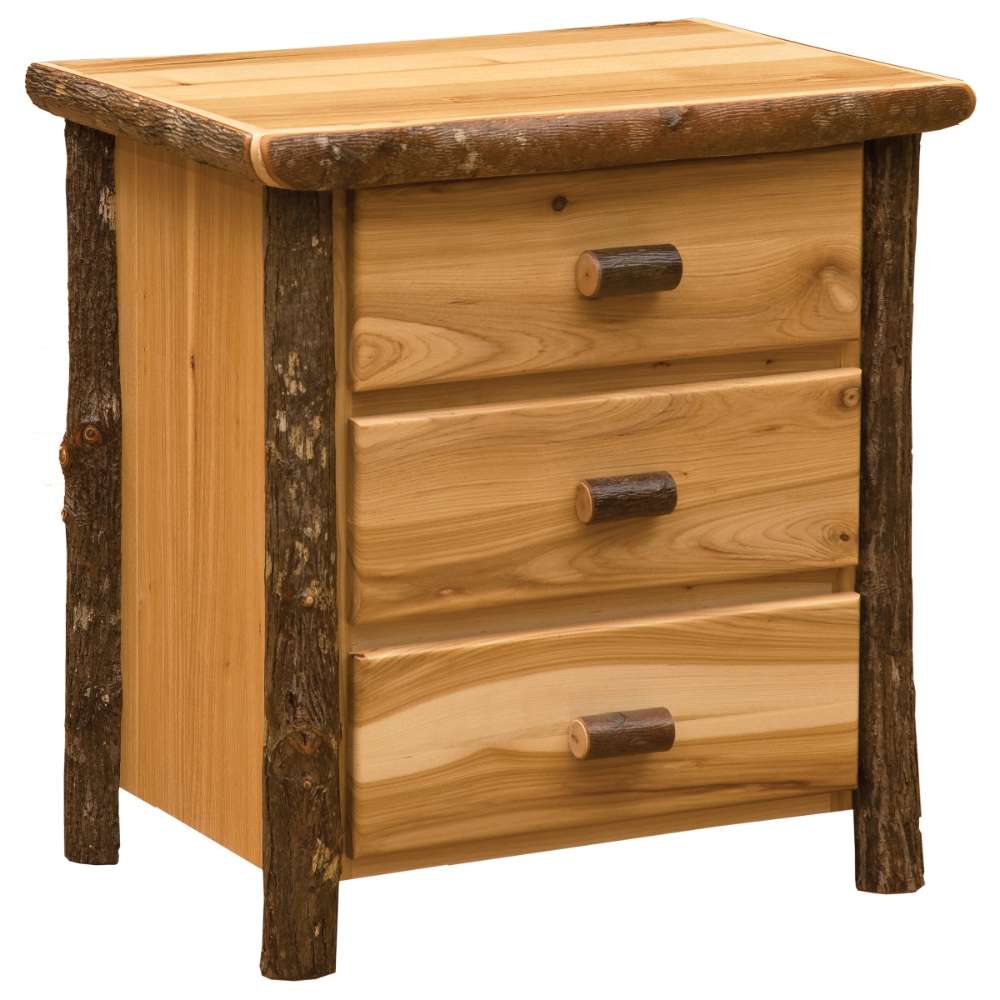 Natural Fireside Lodge Log XL Three Drawer Nightstand is shown from the front with three drawers and log-style drawer handles