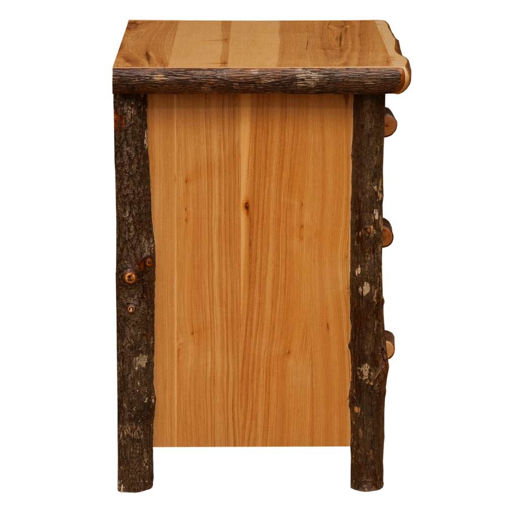 Natural Fireside Lodge Log XL Three Drawer Nightstand is shown from the side with a smooth wood panel body and thick log frame edges