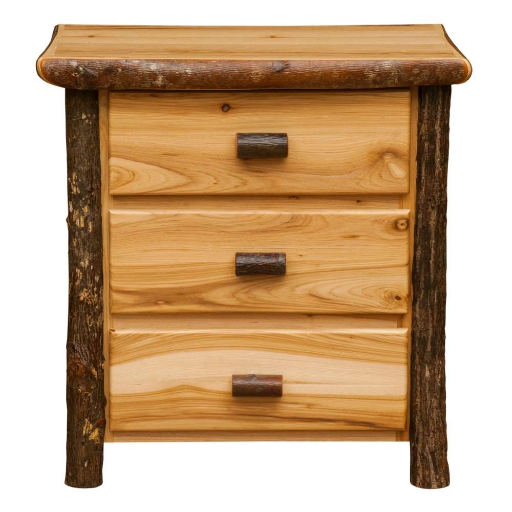 Natural Fireside Lodge Log XL Three Drawer Nightstand is shown with all three drawers open, revealing the storage space inside