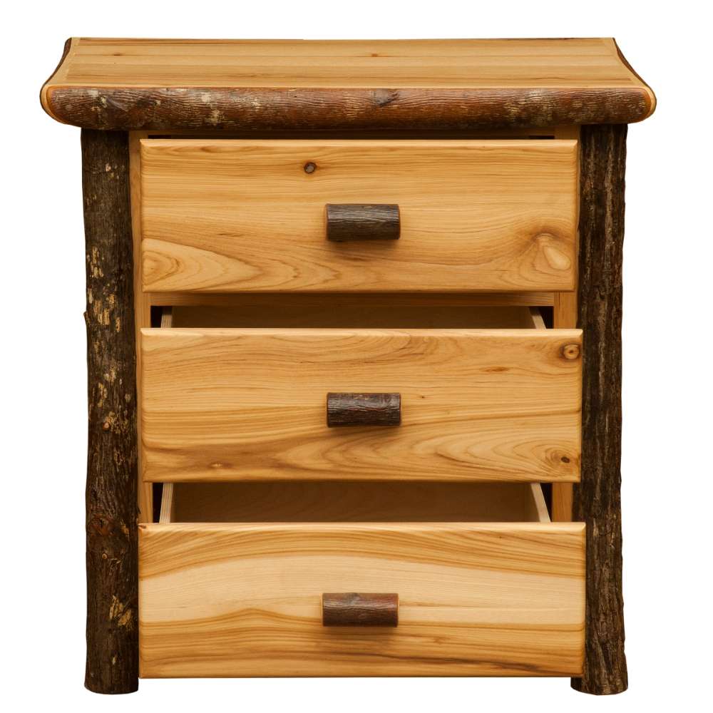 Natural Fireside Lodge Log XL Three Drawer Nightstand is shown with the drawers partially open, displaying the interior compartments