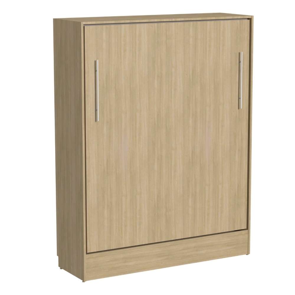 Natural Oak Inovabed Wall Bed shown closed in a light wood cabinet with two silver handles