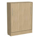 Natural Oak Inovabed Wall Bed shown closed in a light wood cabinet with two silver handles