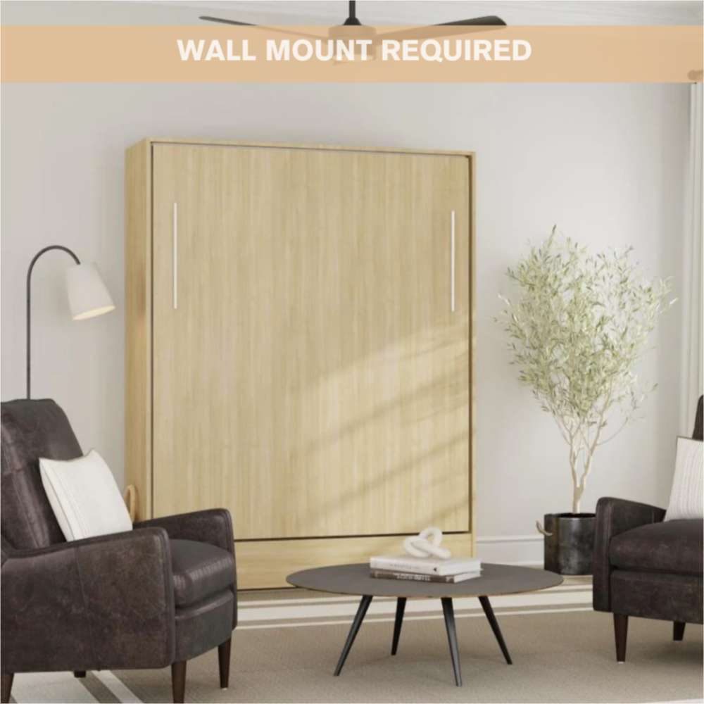 Natural Oak Inovabed Wall Bed shown closed in a living room with a wall-mount-required notice