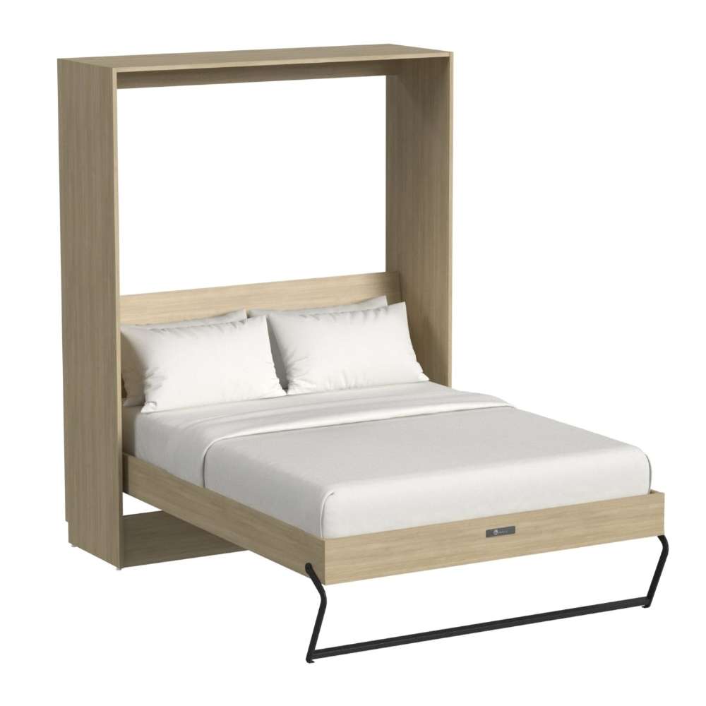 Natural Oak Inovabed Wall Bed shown open at an angle with white bedding and black support legs