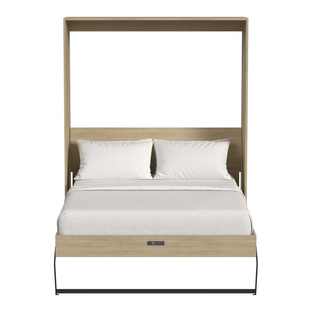 Natural Oak Inovabed Wall Bed shown open from the front with white bedding and black support legs