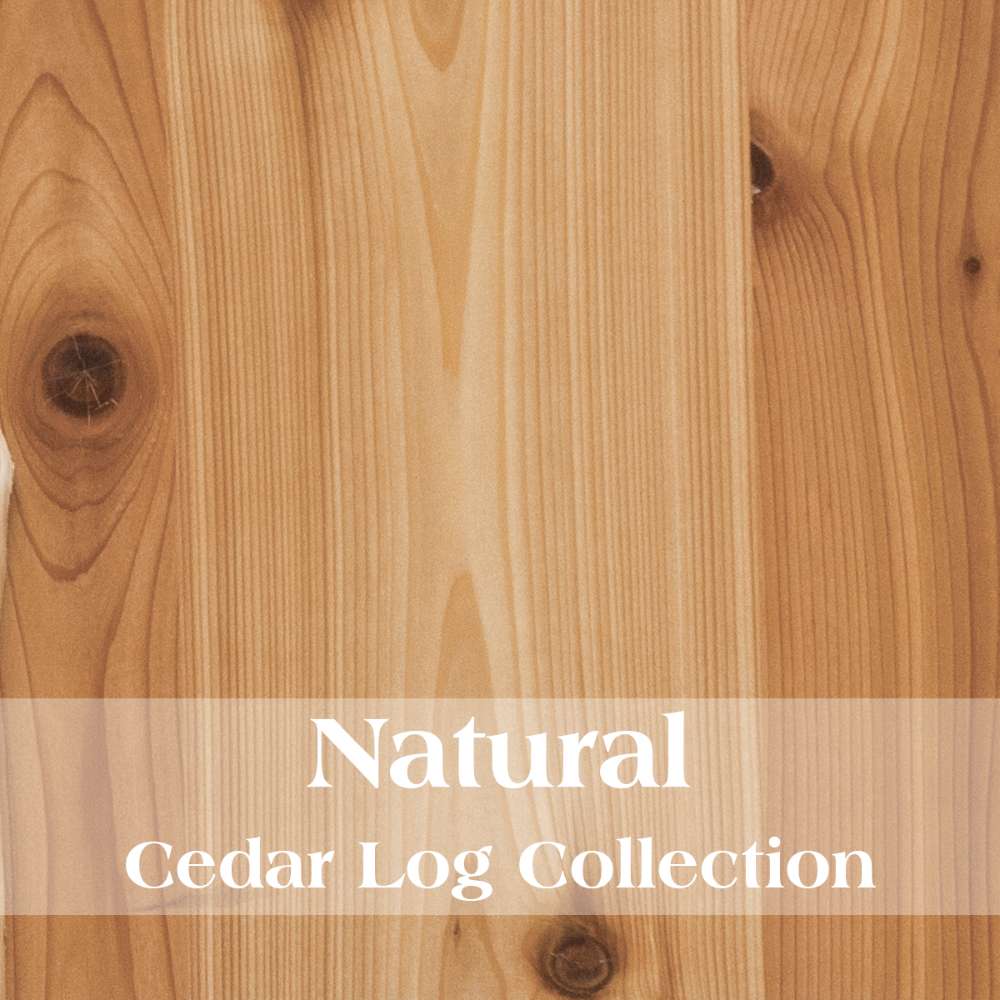 Natural stain sample shows a light tan cedar wood grain with visible knots used for the Fireside Lodge Cedar Log Lounge Chair
