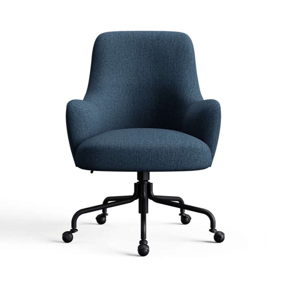 Navy Linen Linen Weave Crate & Barrel Bellevue Upholstered Office Chair in rich navy fabric with padded armrests and a smooth rolling base