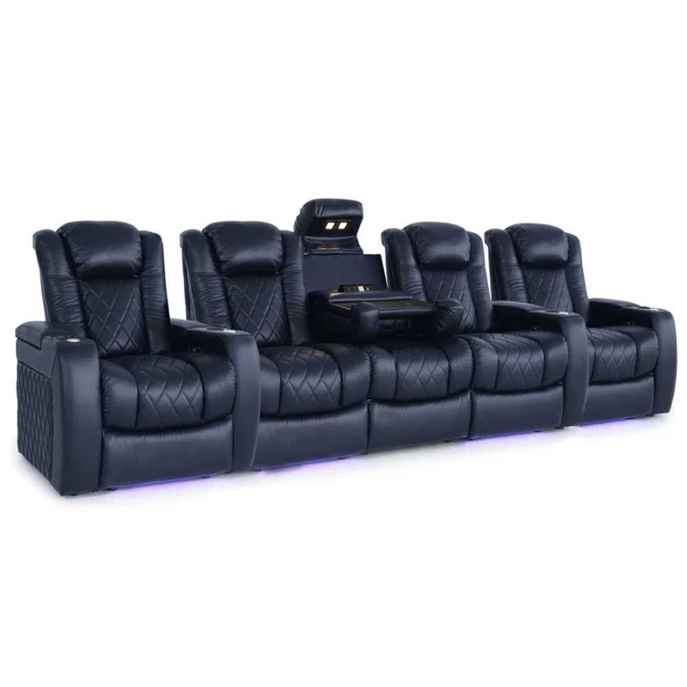 Navy Blue Valencia Tuscany Luxury Console Edition Home Theater Seating Row of 5 Dropdown Center Width 147 Height 42.75 Depth 38.5