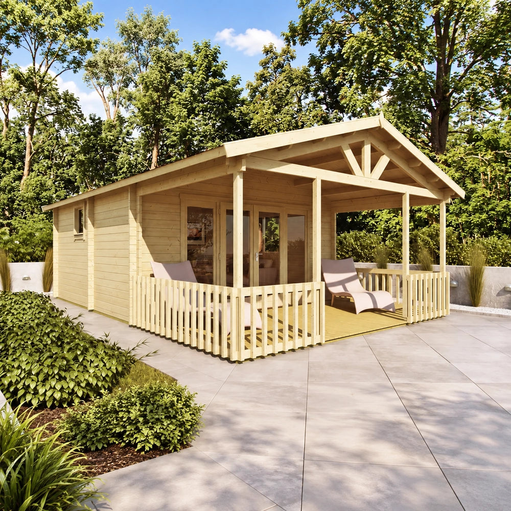 Nepean 44A wooden garden room with a covered gabled porch, decorative railing and lounge chairs in a lush landscaped backyard.