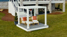 Nestled among trees, a red Structureworks Element Trex Pergola covers a stylish deck furnished with cozy seating and rustic charm