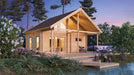 Nestled in the woods beside a tranquil pond, the GardenHouse24 USA Sauna Marit 90 Garden Room glows softly in twilight