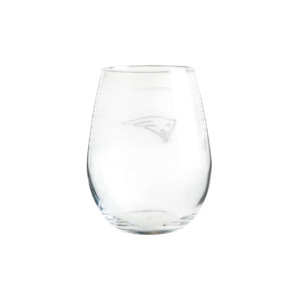 New England Patriots Crate & Barrel NFL Aspen 11.75oz Stemless Wine Glass, Set of 4 featuring an etched Patriots head logo with a star on clear glass