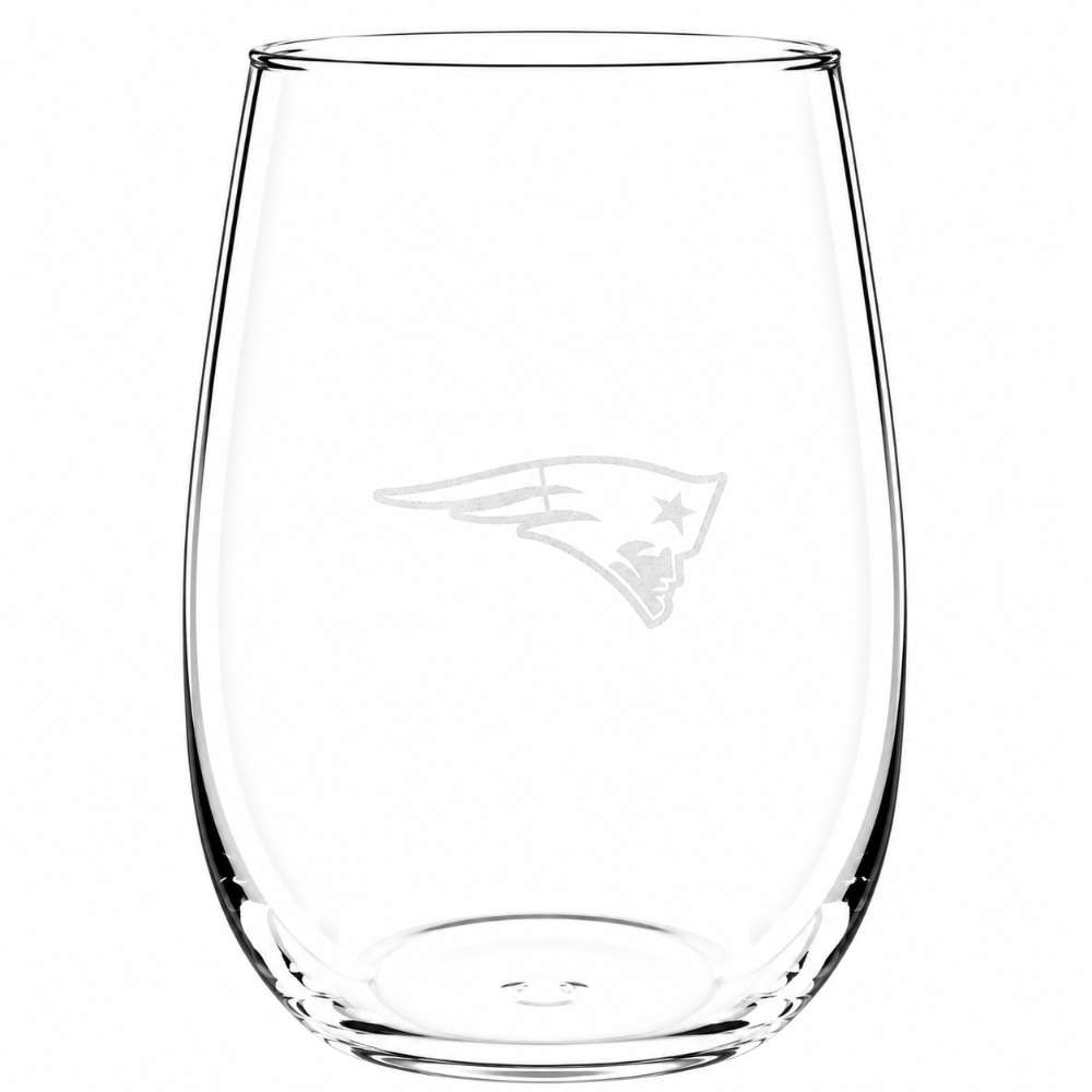 New England Patriots Crate & Barrel NFL Aspen 17oz Stemless Wine Glass, Set of 4 features a clear stemless glass etched with the Patriots stylized patriot-head logo