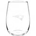 New England Patriots Crate & Barrel NFL Aspen 17oz Stemless Wine Glass, Set of 4 features a clear stemless glass etched with the Patriots stylized patriot-head logo