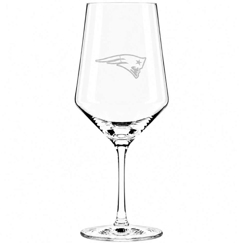 New England Patriots Crate & Barrel NFL Tour 18oz Red Wine Glass, Set of 4 featuring the Patriots stylized head and star logo etched on a clear stemmed wine glass