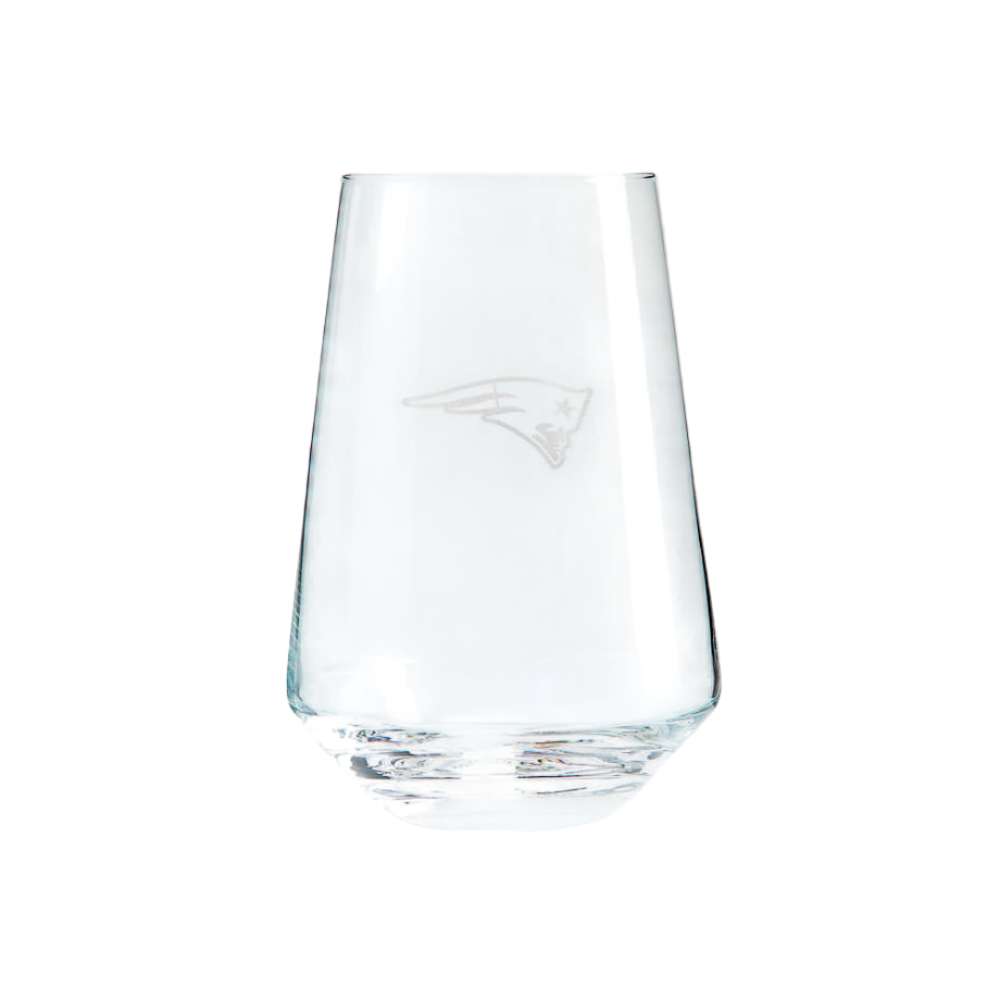 New England Patriots Crate & Barrel NFL Tour 19oz Stemless Wine Glass, Set of 4 featuring the Patriots stylized head logo etched on clear glass