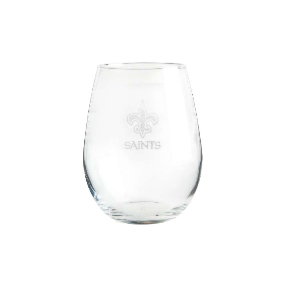 New Orleans Saints Crate & Barrel NFL Aspen 11.75oz Stemless Wine Glass, Set of 4 featuring an etched fleur-de-lis and Saints wordmark on clear glass