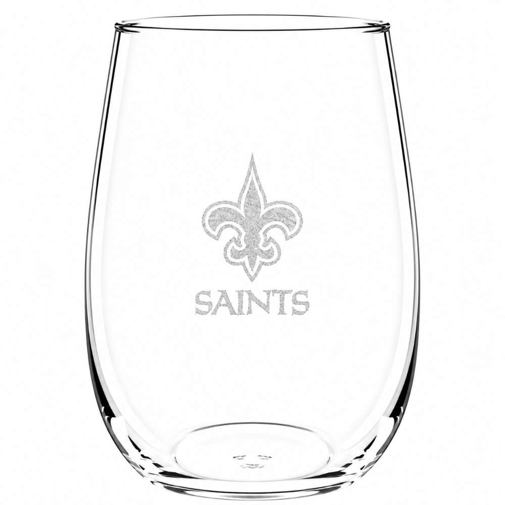 New Orleans Saints Crate & Barrel NFL Aspen 17oz Stemless Wine Glass, Set of 4 features a clear stemless glass etched with the Saints fleur-de-lis logo and team name