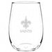 New Orleans Saints Crate & Barrel NFL Aspen 17oz Stemless Wine Glass, Set of 4 features a clear stemless glass etched with the Saints fleur-de-lis logo and team name