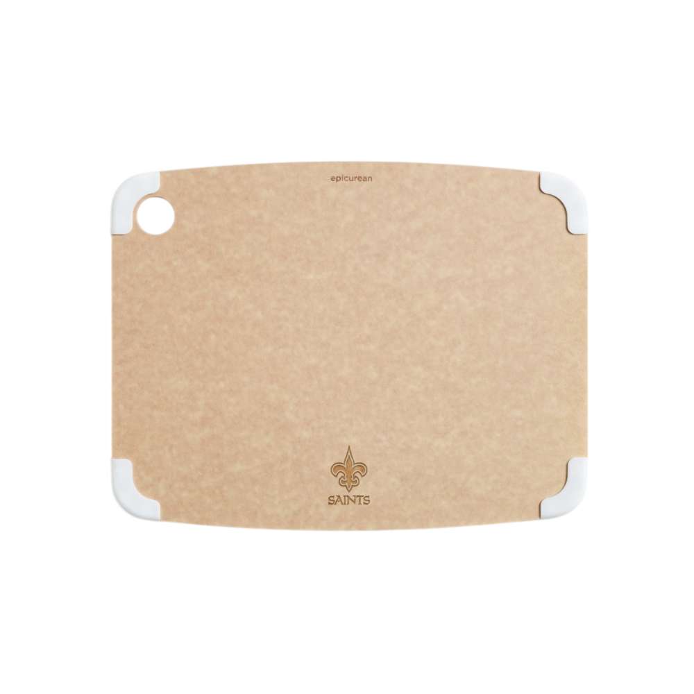 New Orleans Saints Crate & Barrel NFL Organic Cotton Oven Mitt with Silicone Grip features a natural tan surface, white corner grips, and an engraved fleur-de-lis logo with Saints wordmark