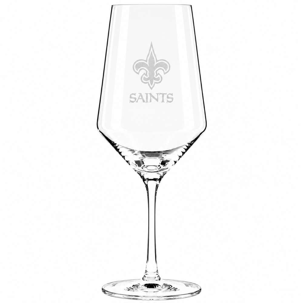 New Orleans Saints Crate & Barrel NFL Tour 18oz Red Wine Glass, Set of 4 featuring the Saints fleur-de-lis logo and wordmark etched on a clear stemmed wine glass