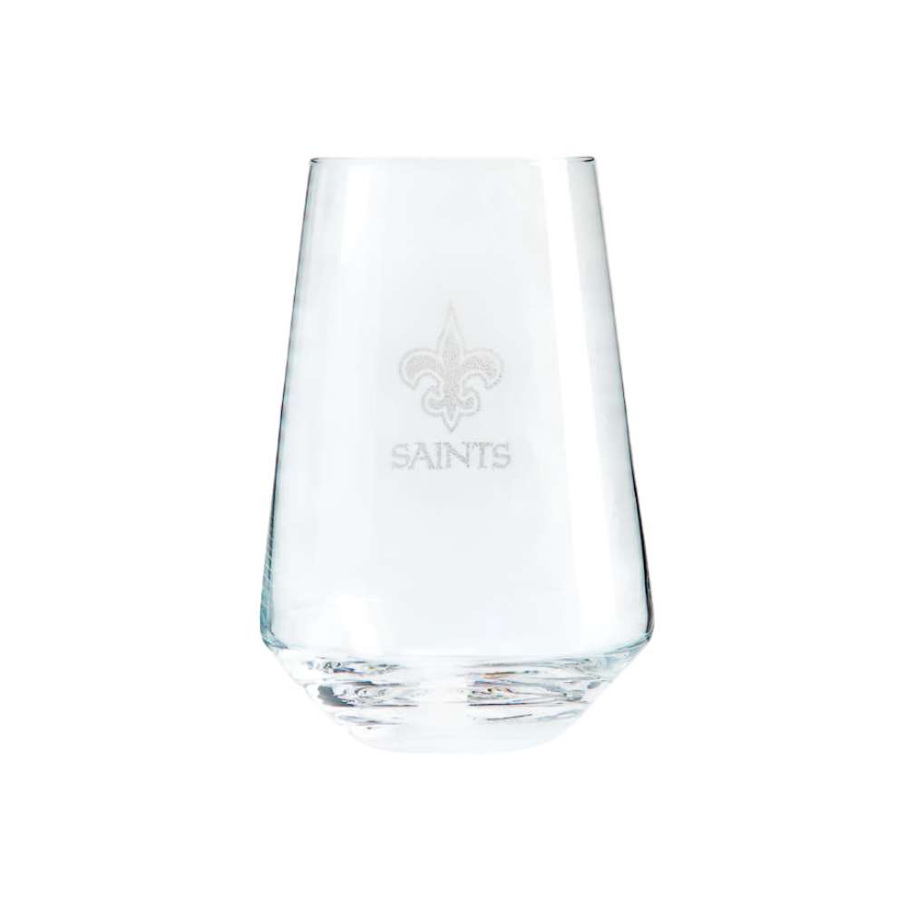 New Orleans Saints Crate & Barrel NFL Tour 19oz Stemless Wine Glass, Set of 4 featuring the Saints fleur-de-lis logo and team name etched on clear glass