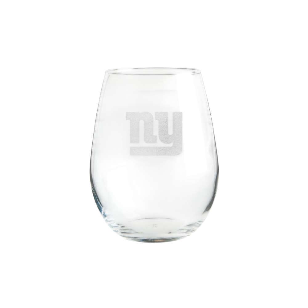 New York Giants Crate & Barrel NFL Aspen 11.75oz Stemless Wine Glass, Set of 4 featuring an etched “ny” Giants logo on clear glass