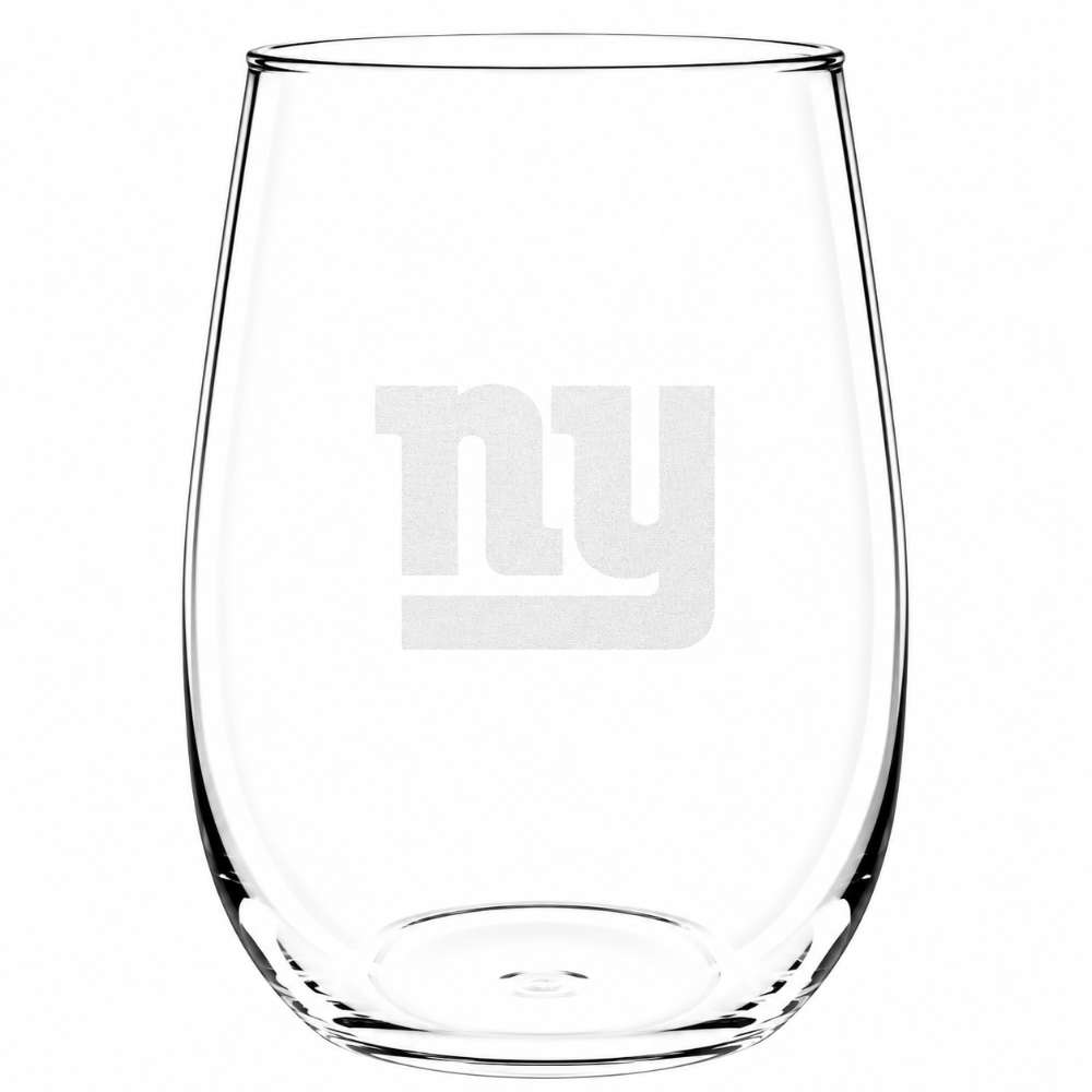 New York Giants Crate & Barrel NFL Aspen 17oz Stemless Wine Glass, Set of 4 features a clear stemless glass etched with the Giants lowercase "ny" logo